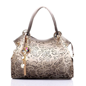 Hollow Out Ombre Floral Print Leather Satchel